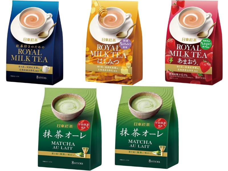 Japanese Royal Milk Tea Powder Assortment, 4 Flavors, Milk Tea, Honey, Strawberry & Matcha Latte