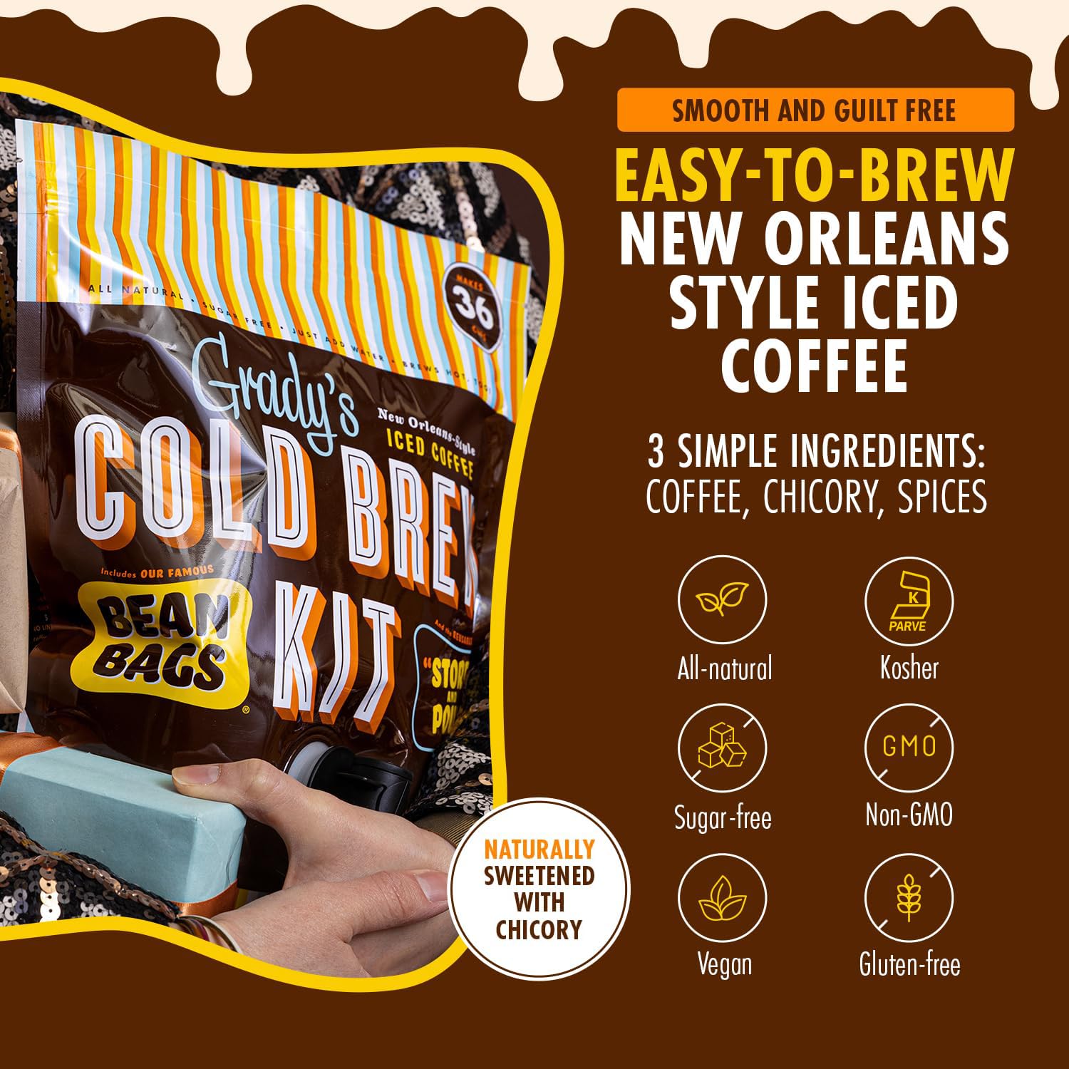 New Orleans Style Cold Brew Coffee Kit, Arabica Coffee & Chicory Brew Bags, 12 Count