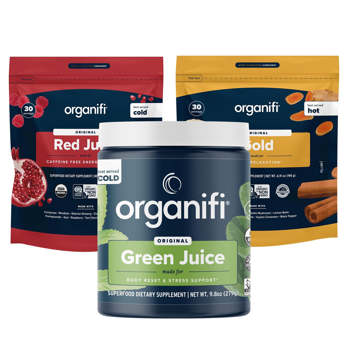 Organic Superfood Powder Variety Pack, Green Juice, Red Juice & Golden Milk, 30-Day Supply