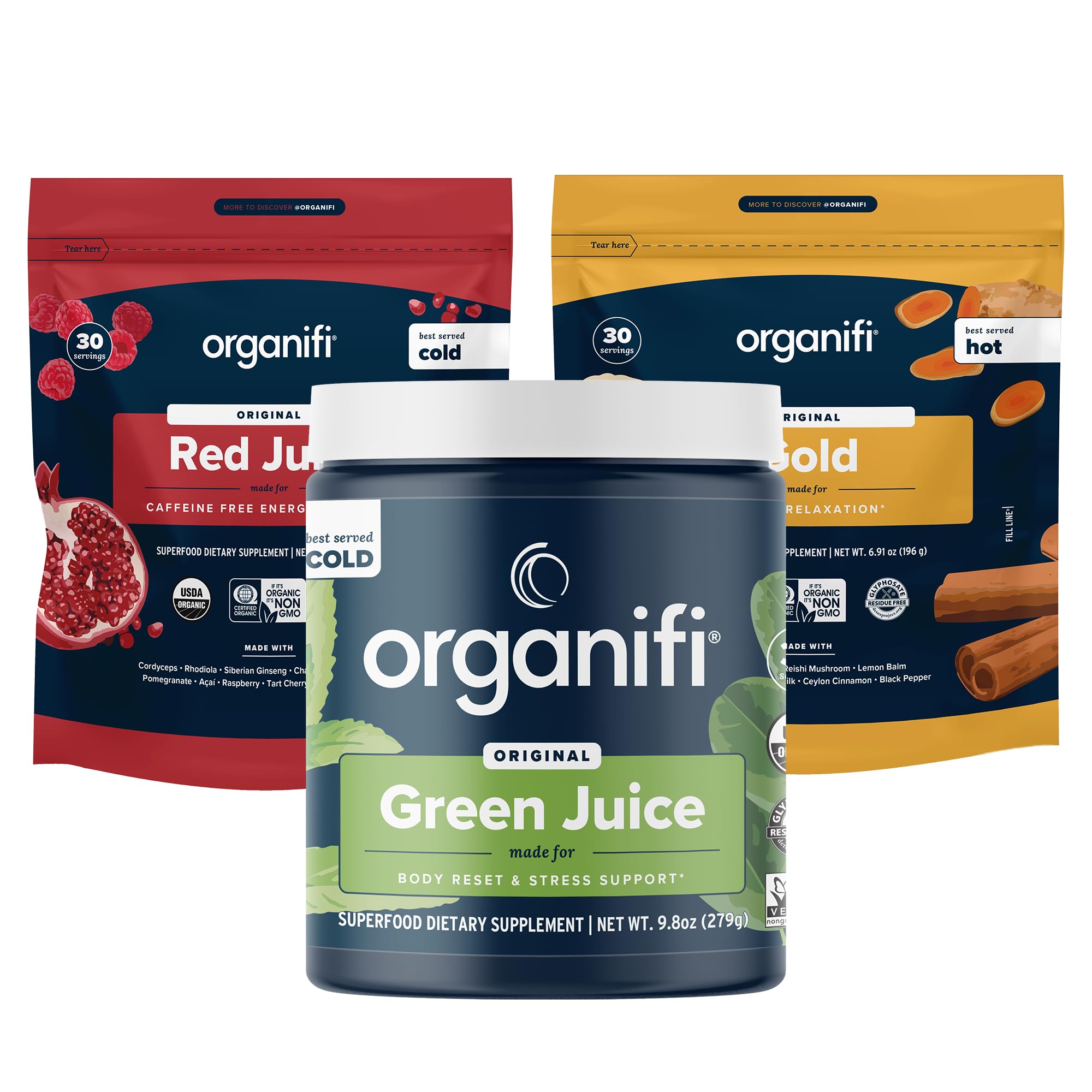 Organic Superfood Powder Variety Pack, Green Juice, Red Juice & Golden Milk, 30-Day Supply