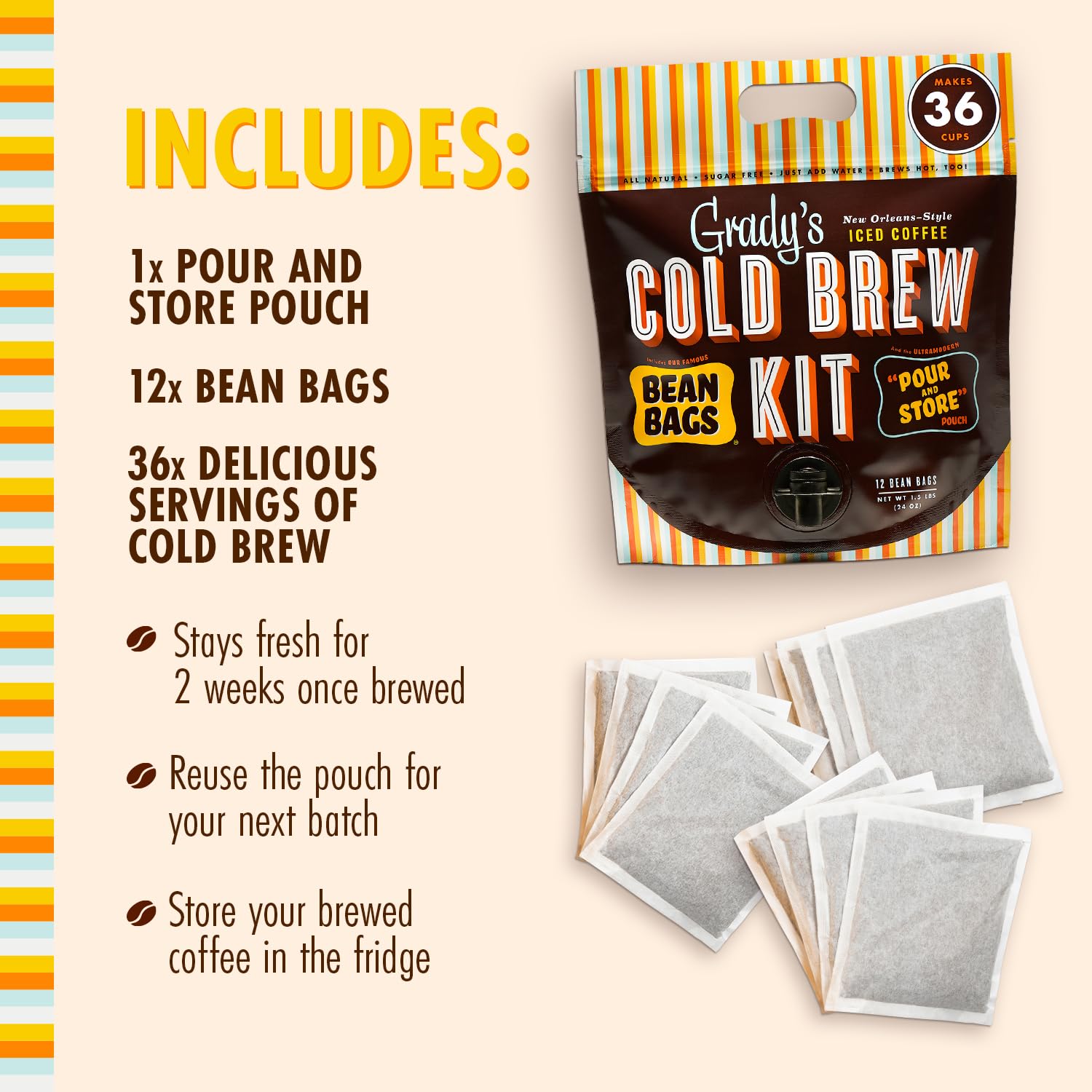 New Orleans Style Cold Brew Coffee Kit, Arabica Coffee & Chicory Brew Bags, 12 Count