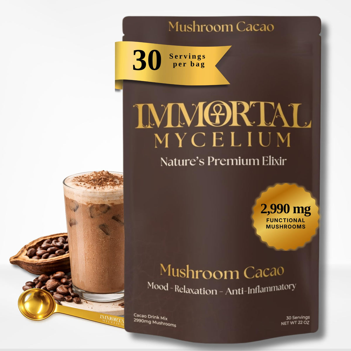 Mushroom Cacao Drink Mix with Reishi & Chaga, 30 Servings