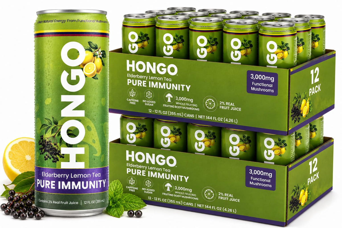 Hongo Functional Mushroom Tea, 24 Can Case, 12 fl oz Cans - Choose Flavor