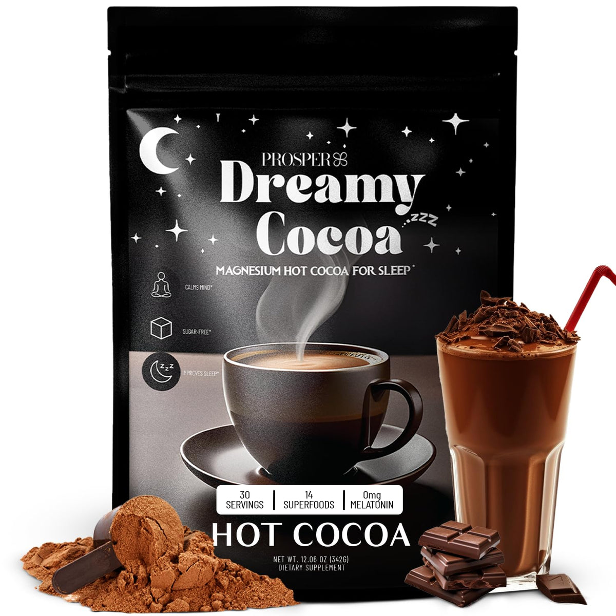 Magnesium Hot Cocoa Sleep Drink Mix, Sugar Free, Caffeine Free, 30 Servings