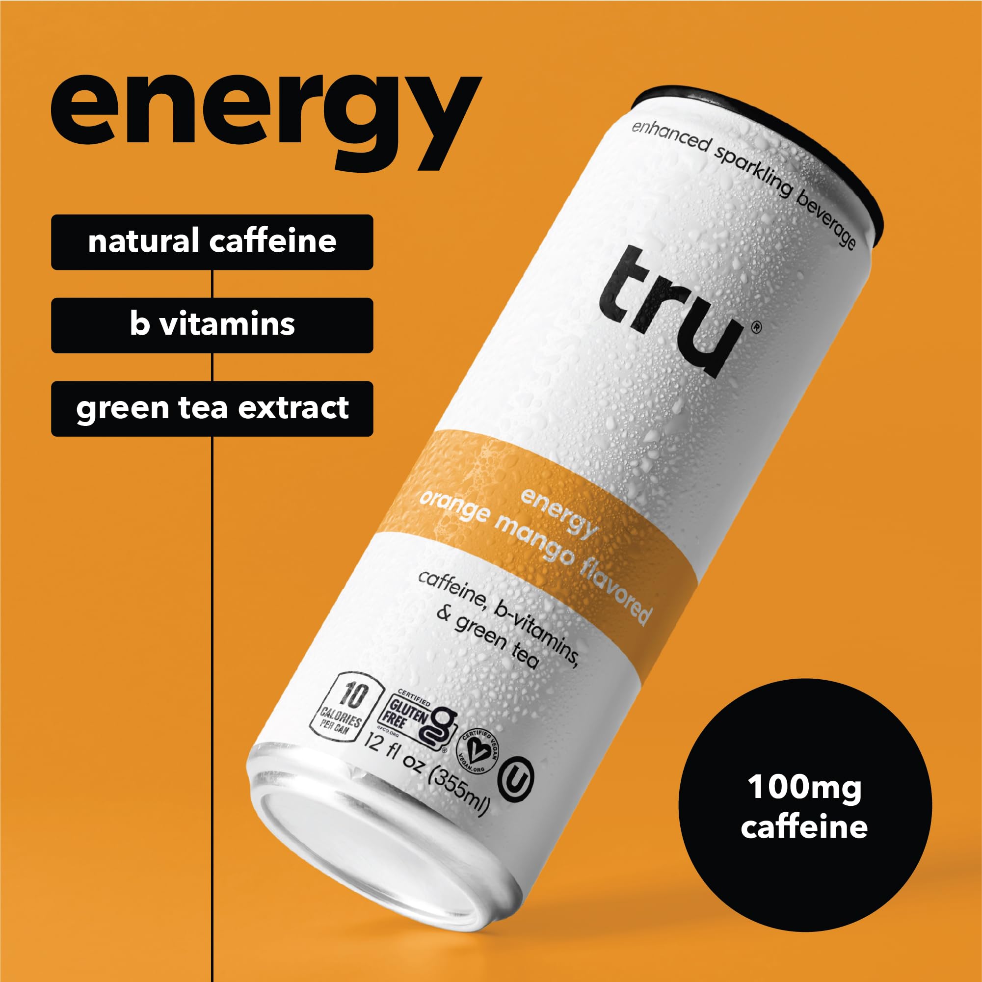 Orange Mango Energy Sparkling Water with Real Fruit Juice, Natural Caffeine, B Vitamins, No Added Sugar, 12oz Cans, 24 Pack
