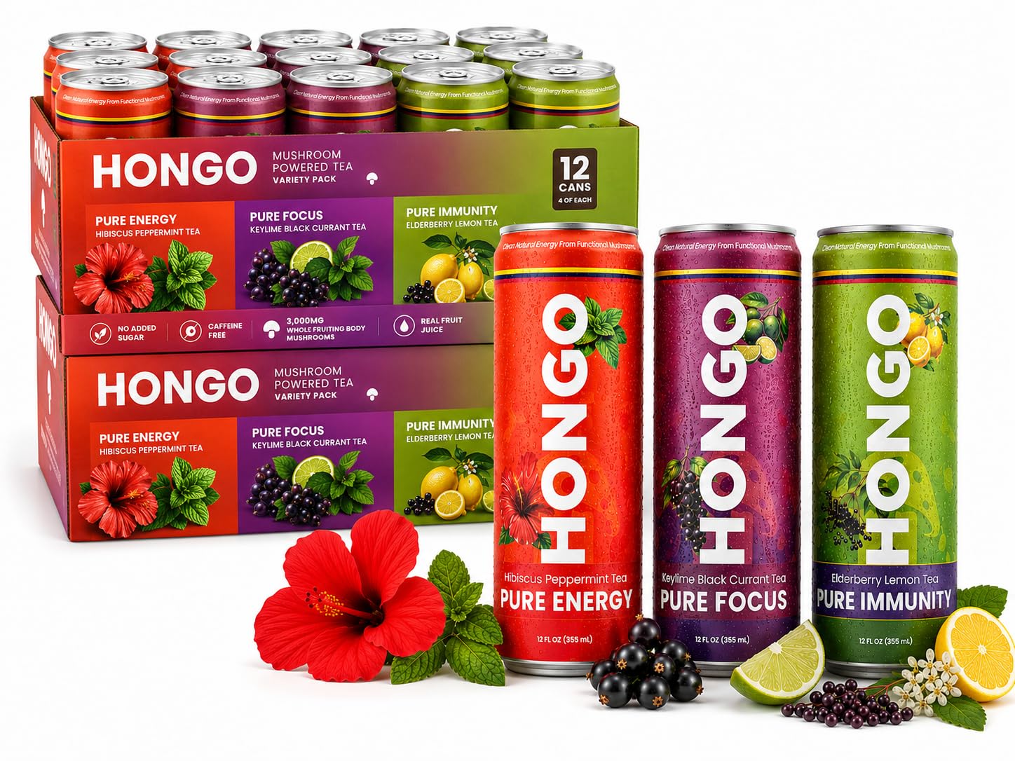 Hongo Functional Mushroom Tea, 24 Can Case, 12 fl oz Cans - Choose Flavor