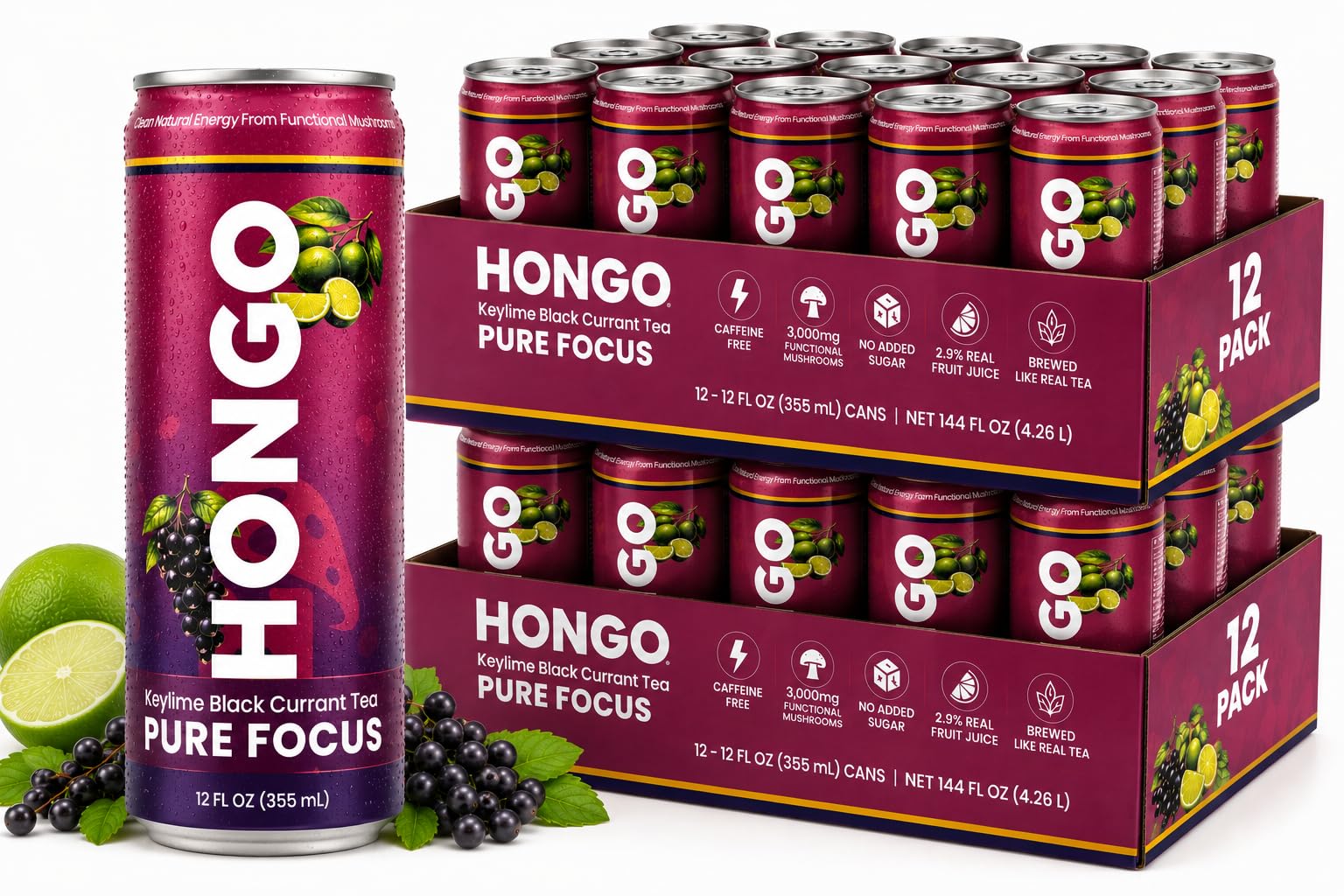 Hongo Functional Mushroom Tea, 24 Can Case, 12 fl oz Cans - Choose Flavor