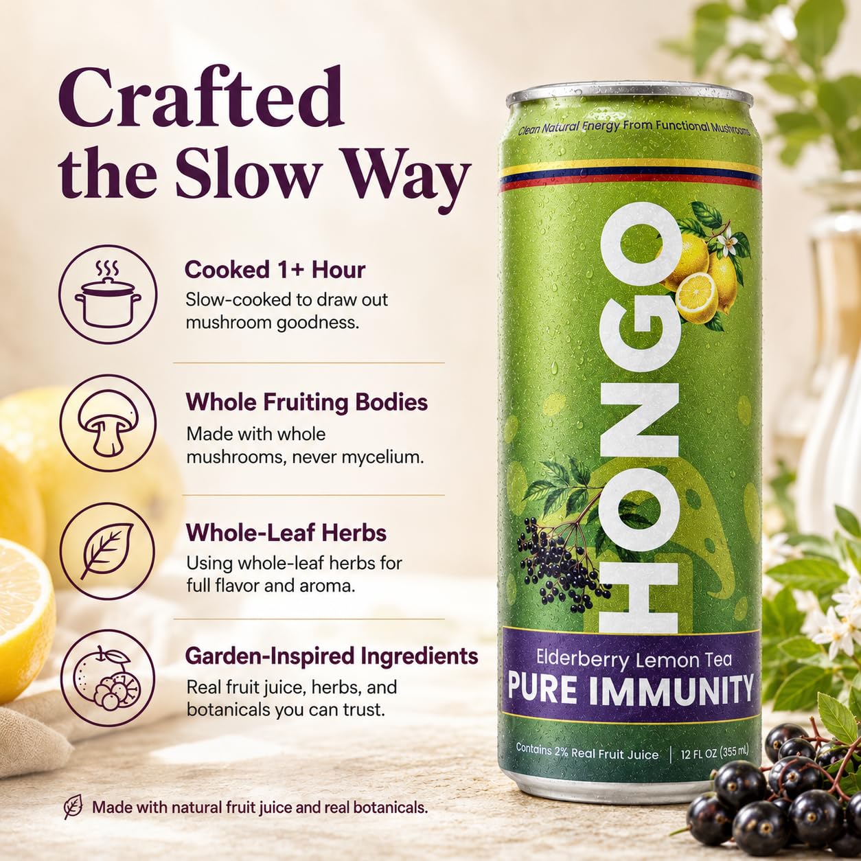 Hongo Functional Mushroom Tea, 24 Can Case, 12 fl oz Cans - Choose Flavor