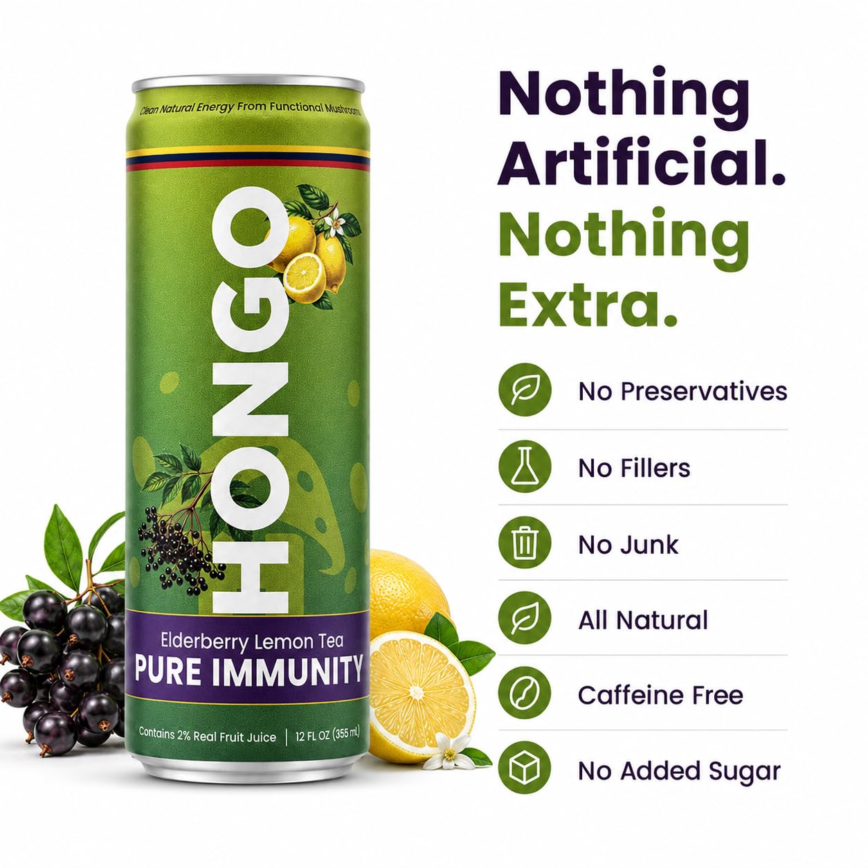 Hongo Functional Mushroom Tea, 24 Can Case, 12 fl oz Cans - Choose Flavor