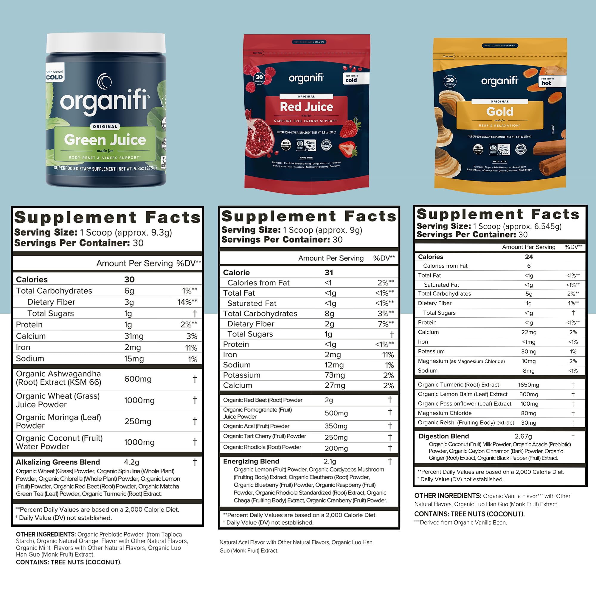 Organic Superfood Powder Variety Pack, Green Juice, Red Juice & Golden Milk, 30-Day Supply