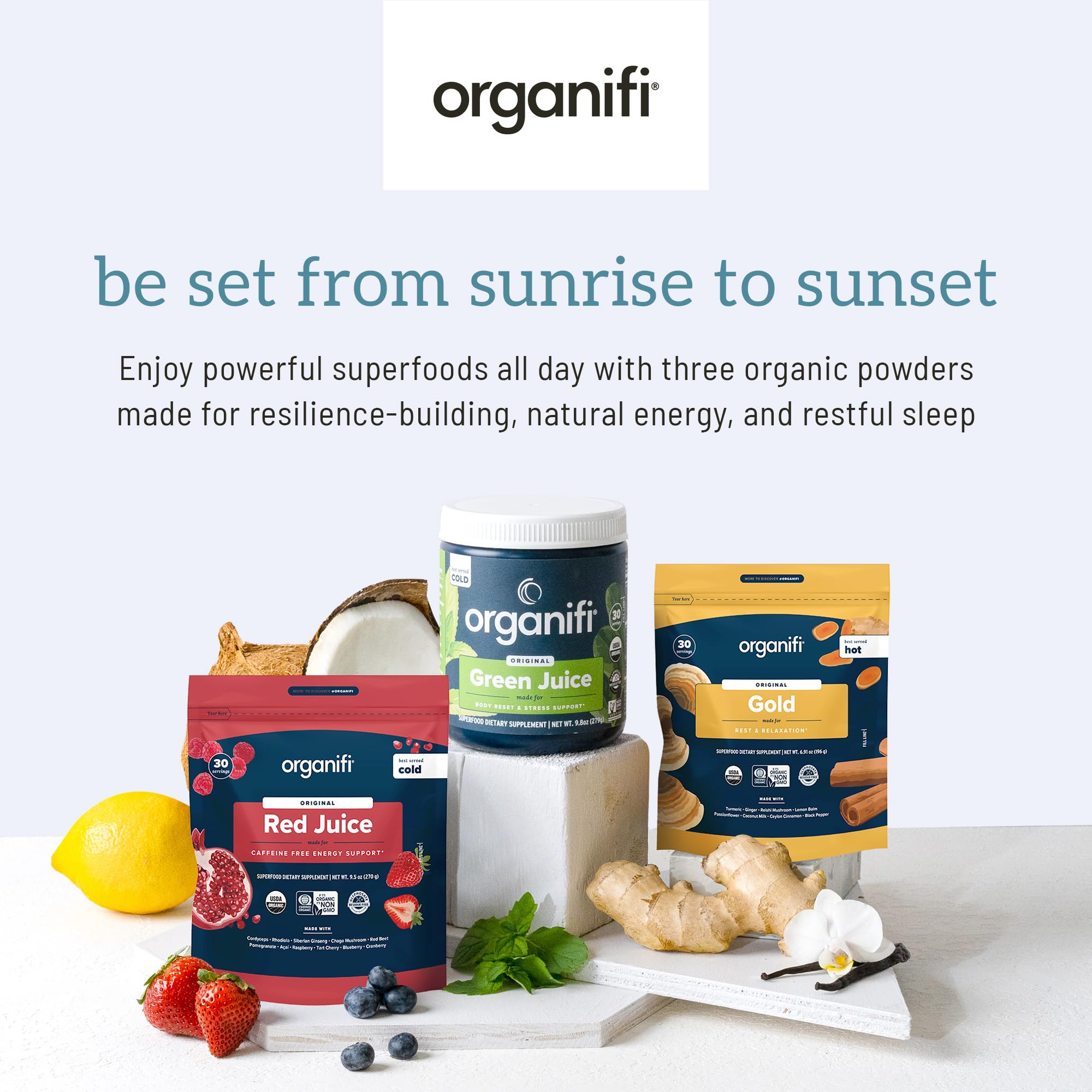 Organic Superfood Powder Variety Pack, Green Juice, Red Juice & Golden Milk, 30-Day Supply