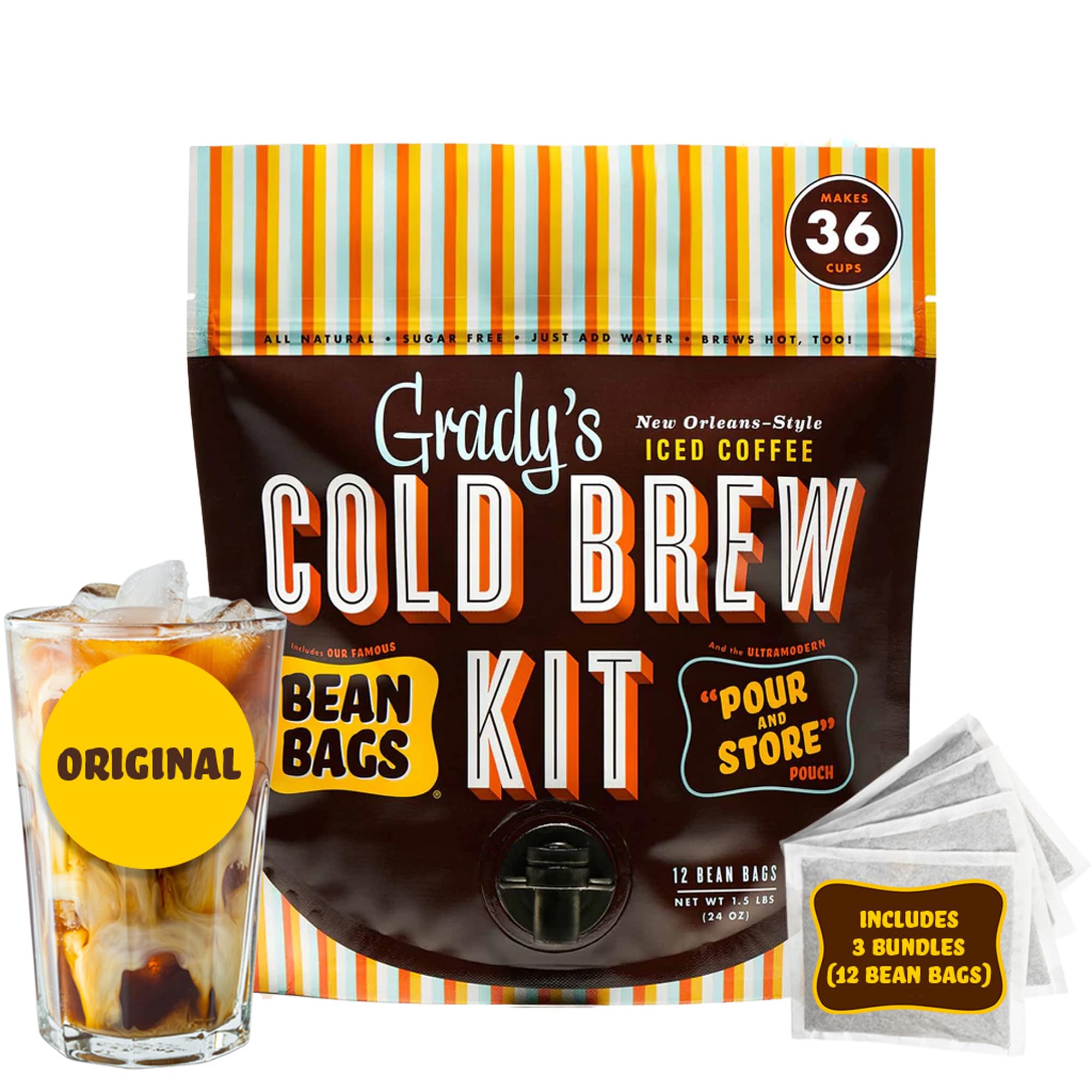 New Orleans Style Cold Brew Coffee Kit, Arabica Coffee & Chicory Brew Bags, 12 Count