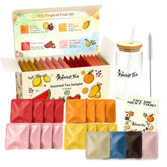 Tea Sampler Gift Set with Glass Tumbler, 20 Tea Bags