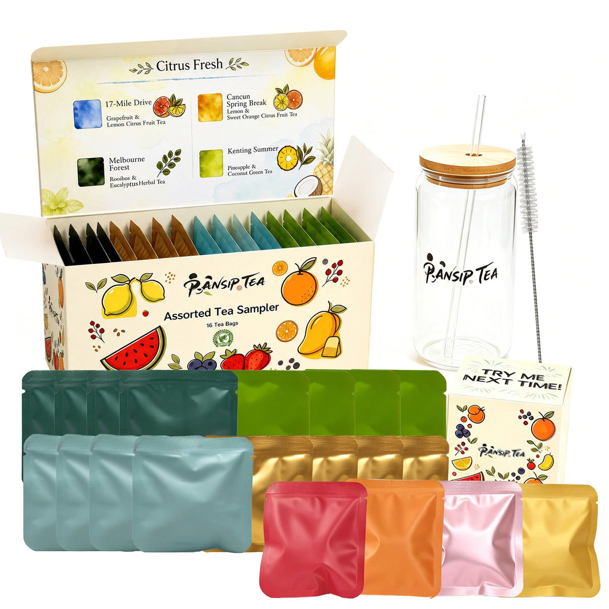 Tea Sampler Gift Set with Glass Tumbler, 20 Tea Bags