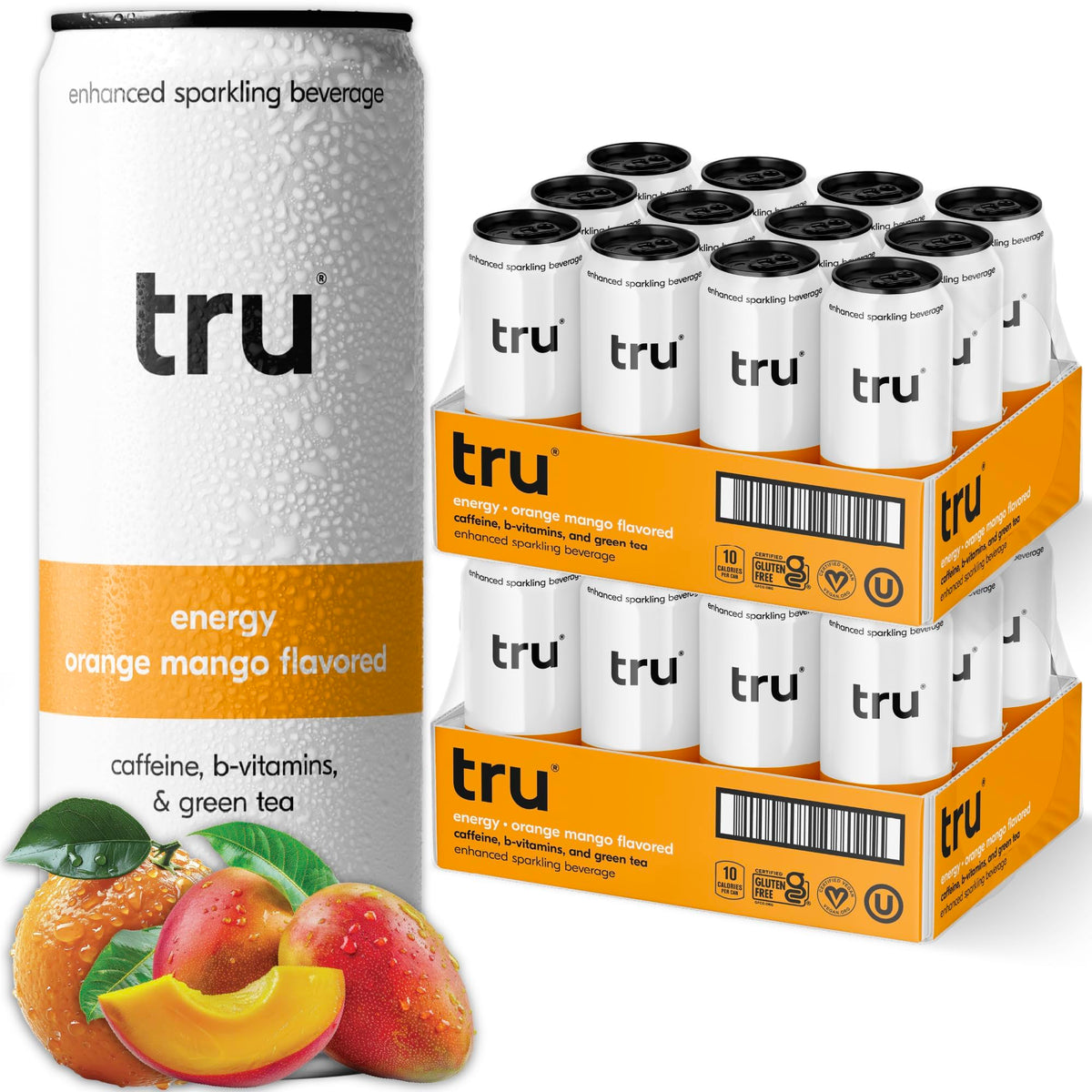 Orange Mango Energy Sparkling Water with Real Fruit Juice, Natural Caffeine, B Vitamins, No Added Sugar, 12oz Cans, 24 Pack