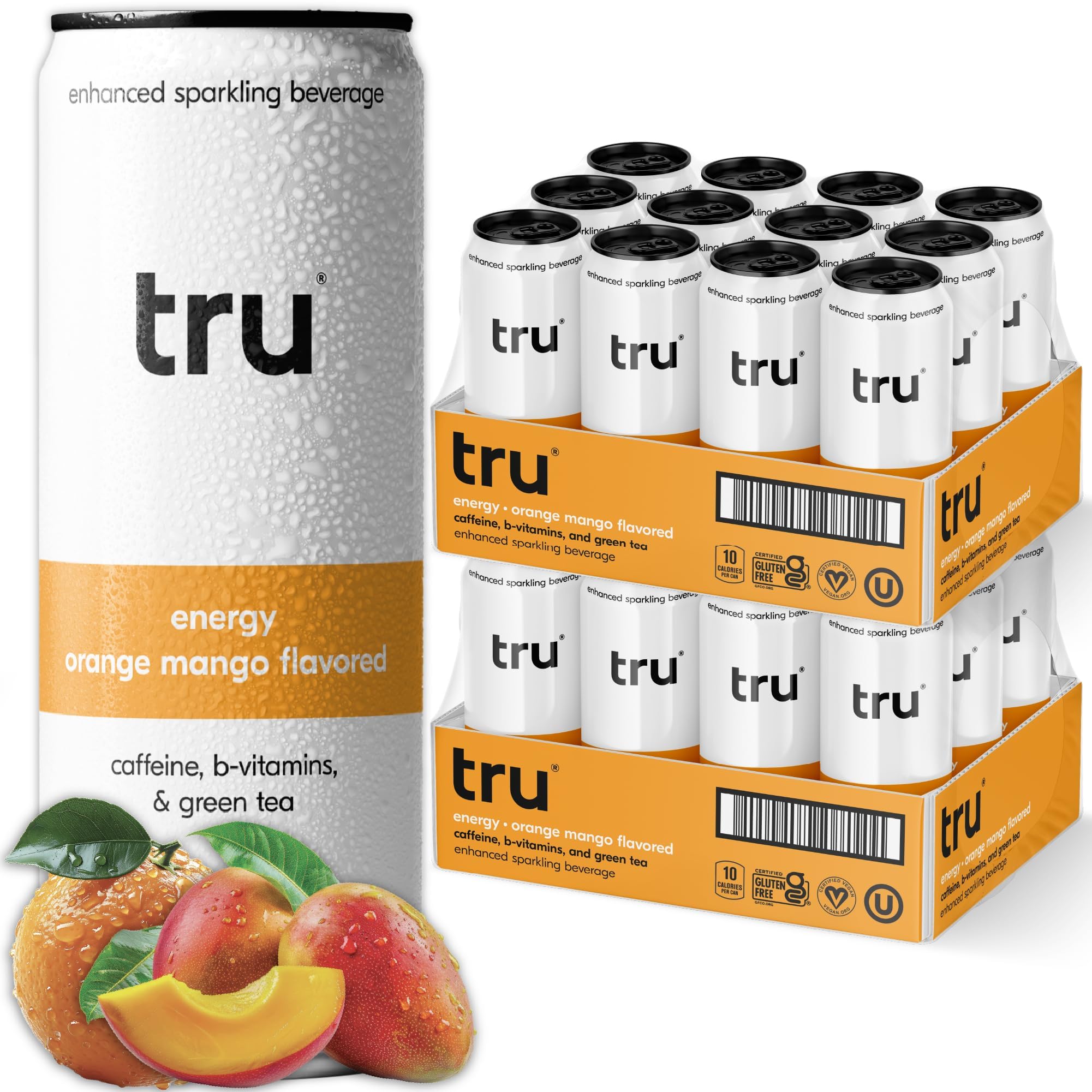Orange Mango Energy Sparkling Water with Real Fruit Juice, Natural Caffeine, B Vitamins, No Added Sugar, 12oz Cans, 24 Pack