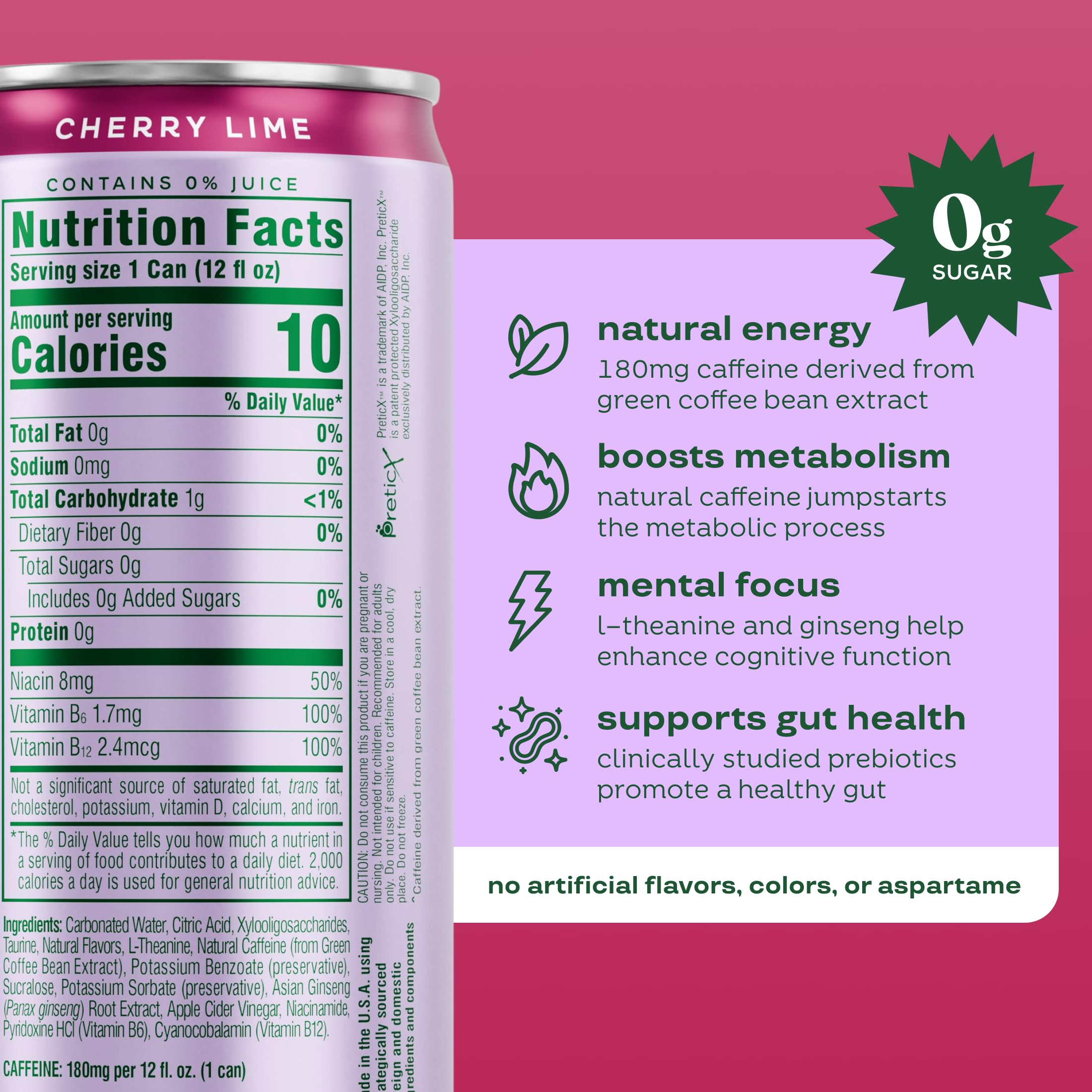 Sparkling Energy Drink, Natural Caffeine, Zero Sugar, 180mg Caffeine, Prebiotics
