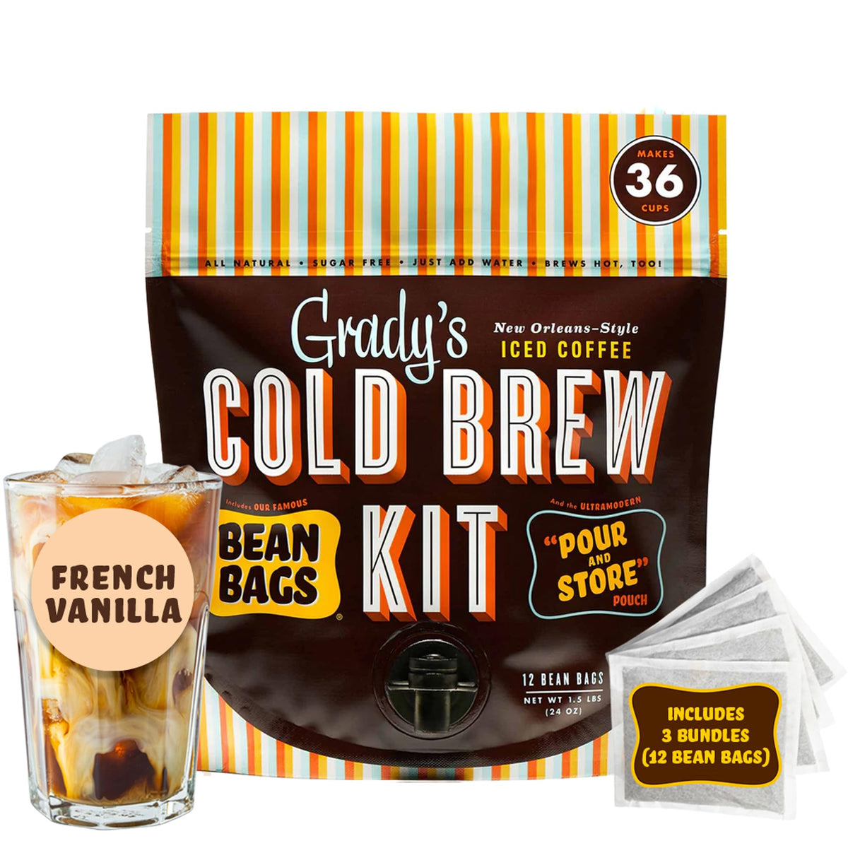 New Orleans Style Cold Brew Coffee Kit, Arabica Coffee & Chicory Brew Bags, 12 Count