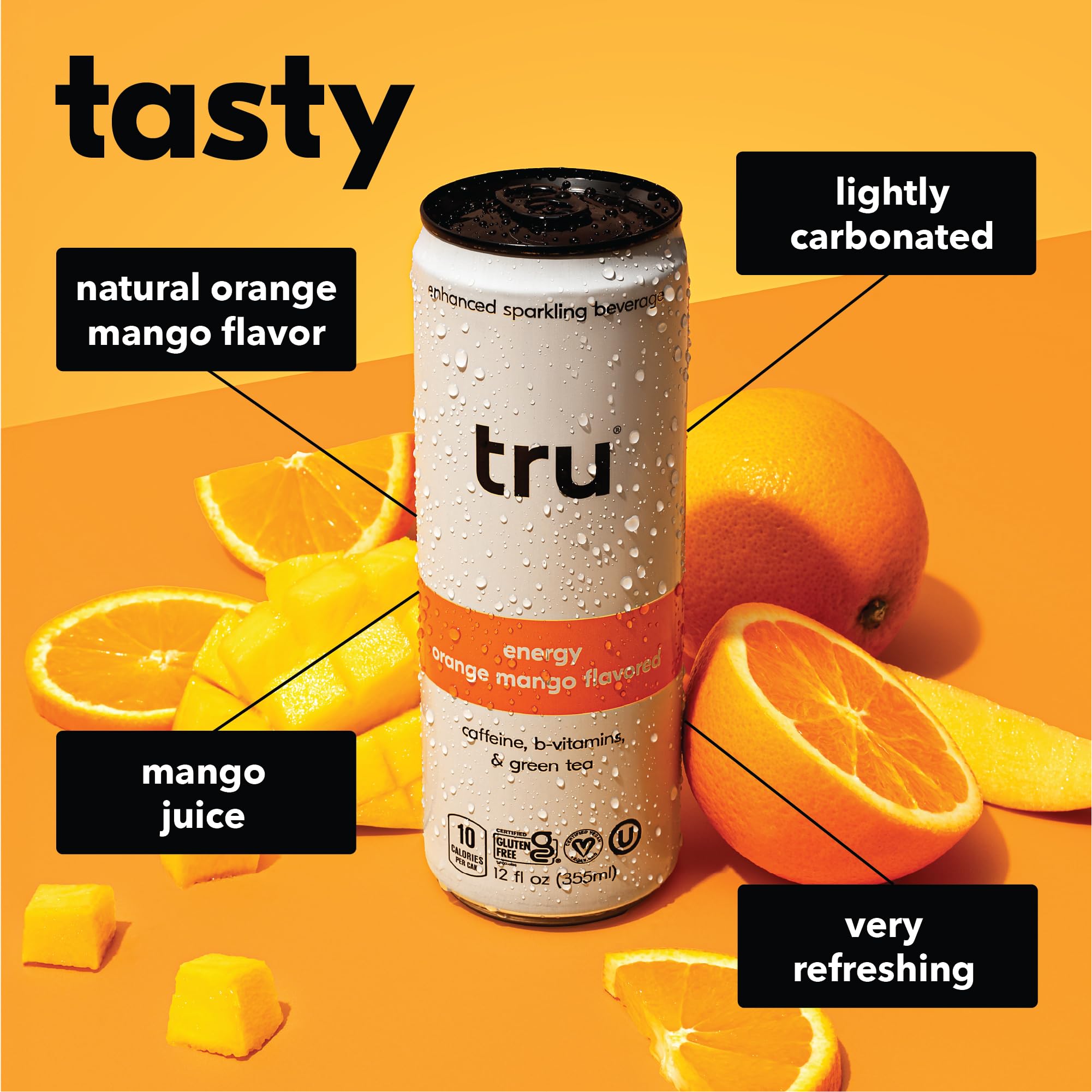 Orange Mango Energy Sparkling Water with Real Fruit Juice, Natural Caffeine, B Vitamins, No Added Sugar, 12oz Cans, 24 Pack