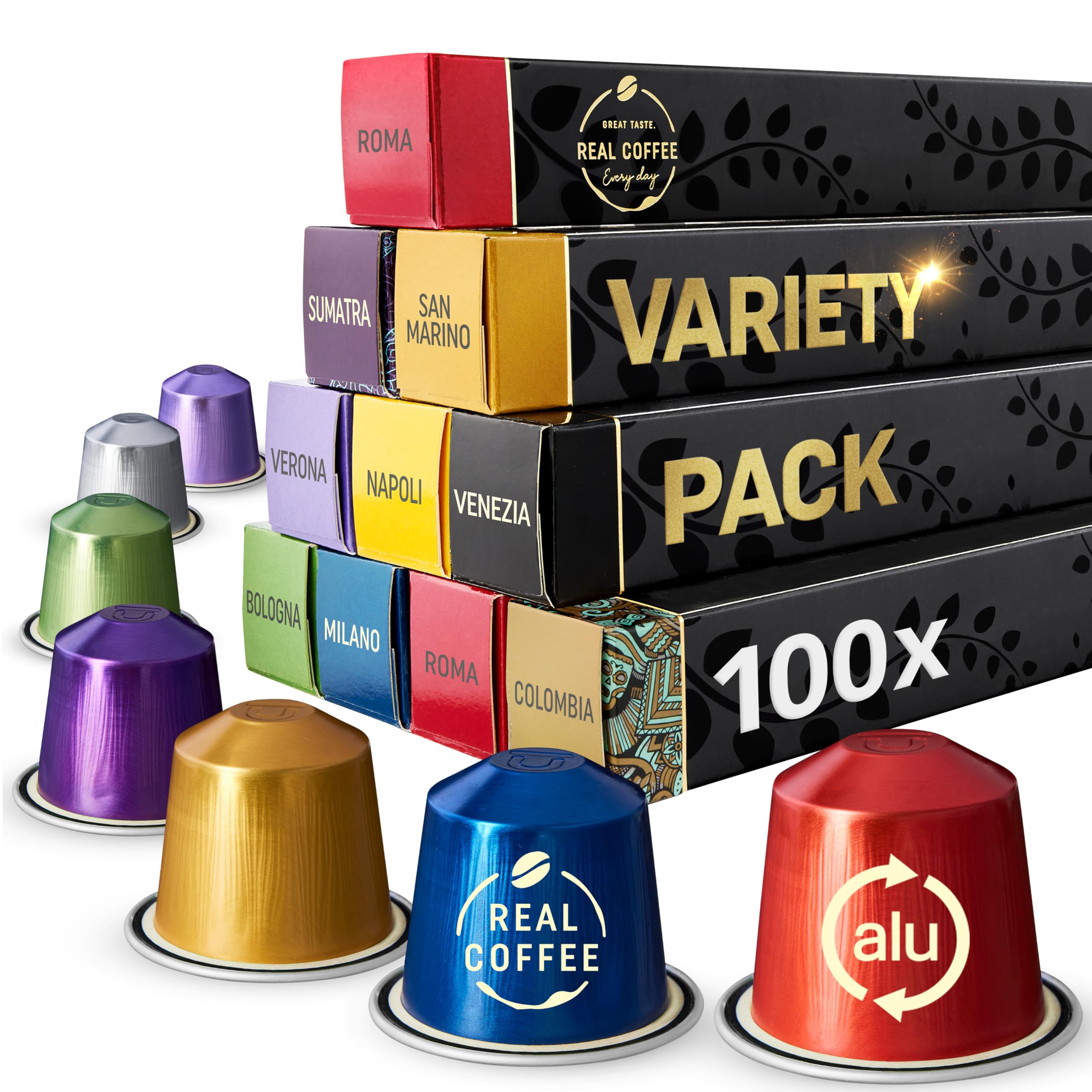 Italian Espresso Coffee Capsules Variety Pack, 100 Aluminum Pods Compatible with Nespresso Original Machines
